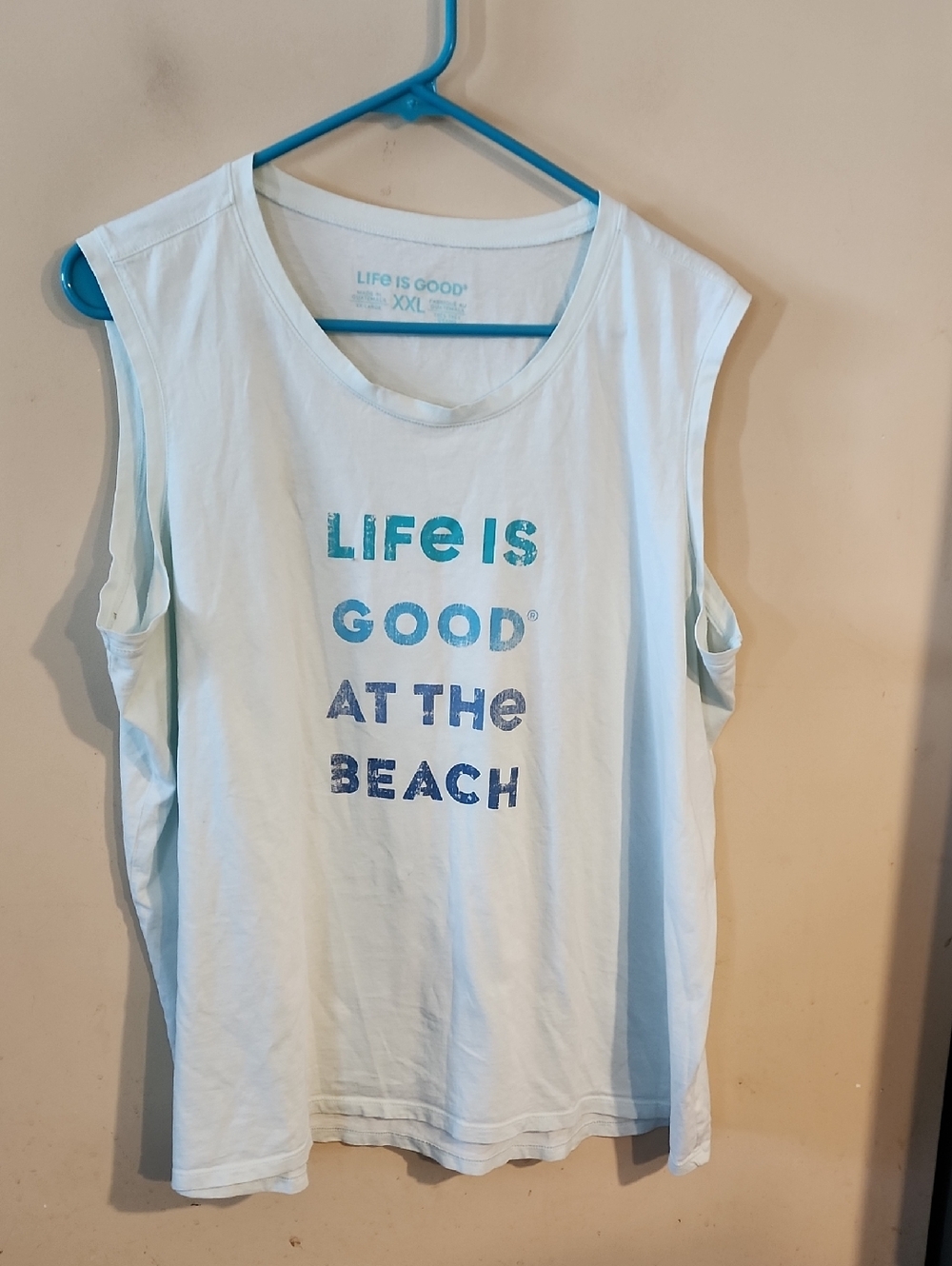Life Is Good Light Blue Sleeveless Tee with Beach Text